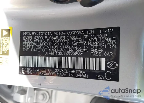 2013 Lexus Es 350 from USA, damaged, VIN JTHBK1GG3D2034566
